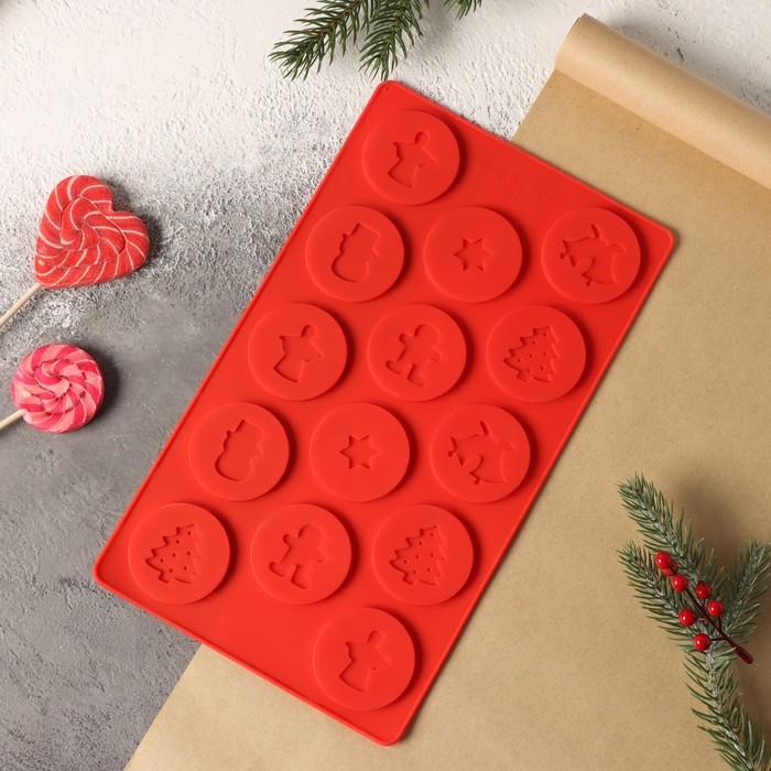 Форма для конфет и шоколада новогодняя Доляна «Новогодние кружочки», силикон, 29,8×17,5 см, 14 ячеек (d=5 см), цвет красный Форма для конфет и шоколада новогодняя Доляна «Новогодние кружочки», силикон, 29,8×17,5 см, 14 ячеек (d=5 см), цвет красный