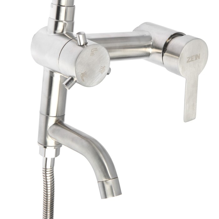 Душевая система ZEIN Z1007, смеситель, тропическая и ручная лейки квадрат, стойка, сатин Душевая система ZEIN Z1007, смеситель, тропическая и ручная лейки квадрат, стойка, сатин