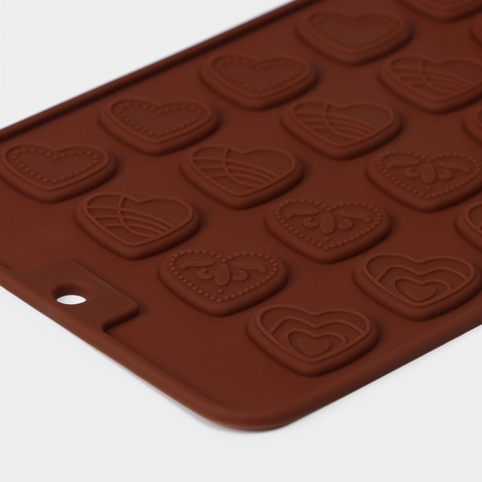 Форма для кондитерских украшений Доляна «Сердечки», силикон, 21×11,5 см, 24 ячейки, цвет коричневый Форма для кондитерских украшений Доляна «Сердечки», силикон, 21×11,5 см, 24 ячейки, цвет коричневый