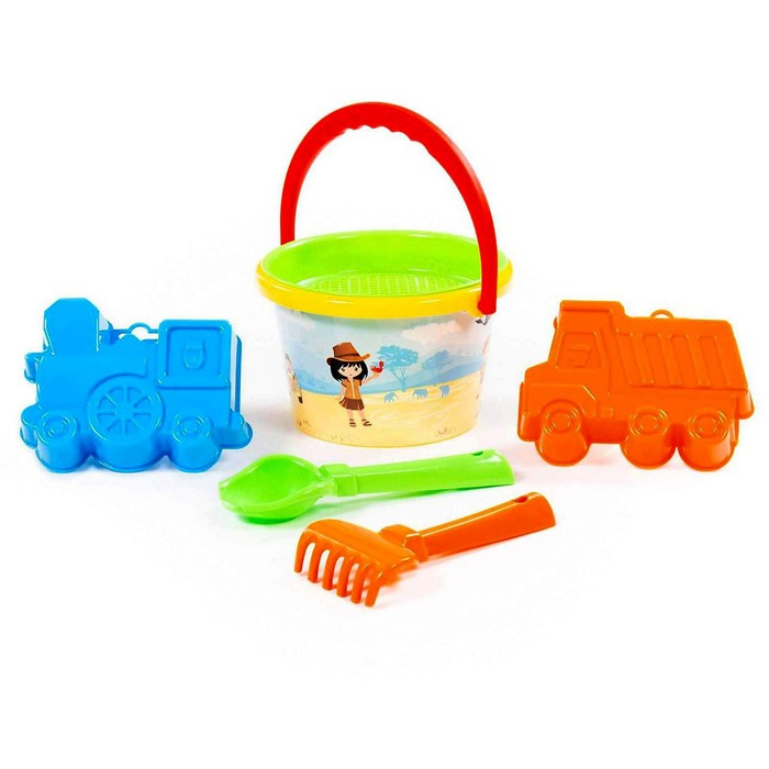 Набор песочный №252, ведро среднее с наклейкой, ситечко, совок, грабельки, формочки Набор песочный №252, ведро среднее с наклейкой, ситечко, совок, грабельки, формочки