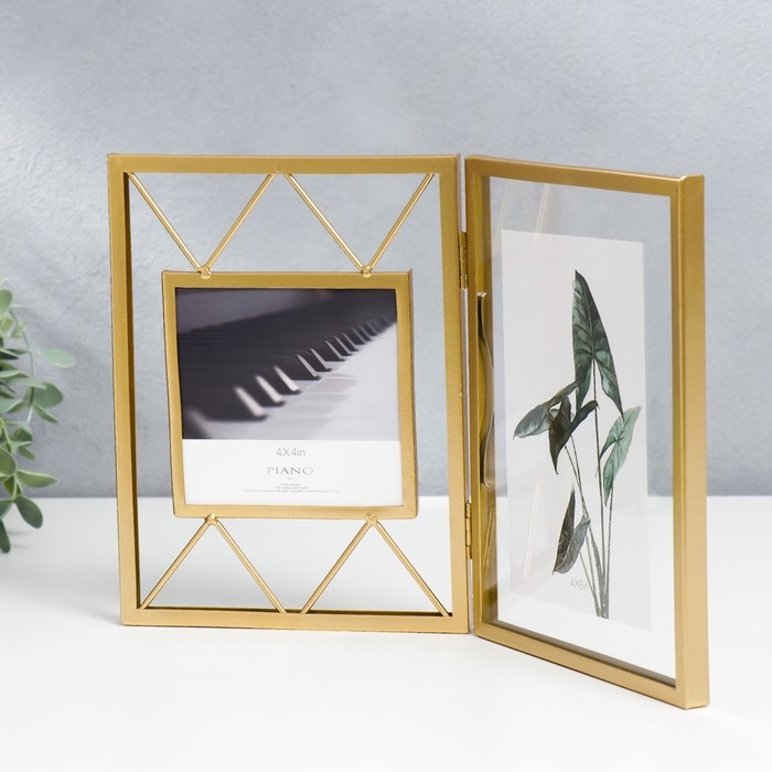 Фоторамка металл на 2 фото 10х10, 10х15 см  Фоторамка металл на 2 фото 10х10, 10х15 см "Лофт. Треугольники" золото 20х30,5 см