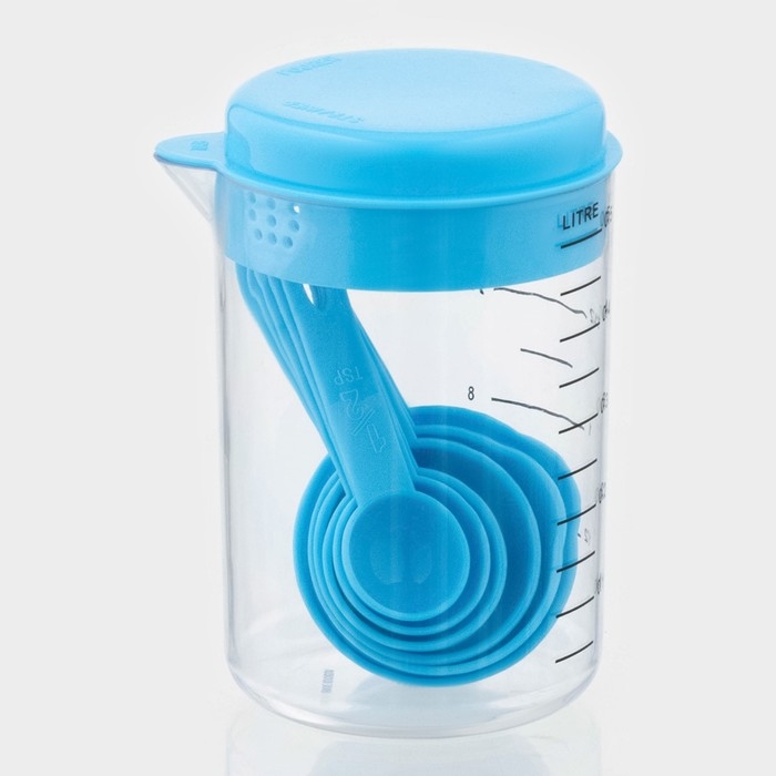 Набор мерных ёмкостей «Маэстро», 7 предметов: стакан 500 мл, ложки, цвет голубой Набор мерных ёмкостей «Маэстро», 7 предметов: стакан 500 мл, ложки, цвет голубой