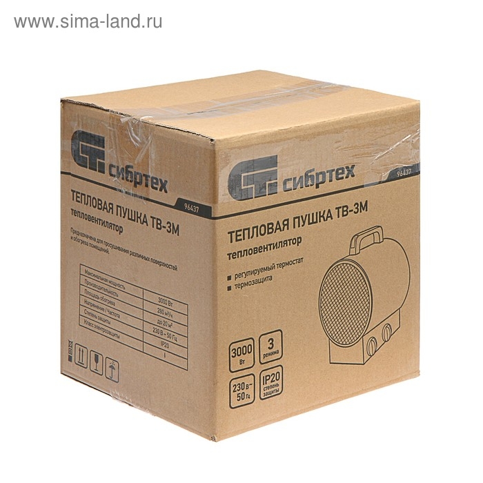 Тепловая пушка  Тепловая пушка "СИБРТЕХ" ТВ-3М, электрическая, 1.5/3 кВт, до 20 м2, защита от перегрева
