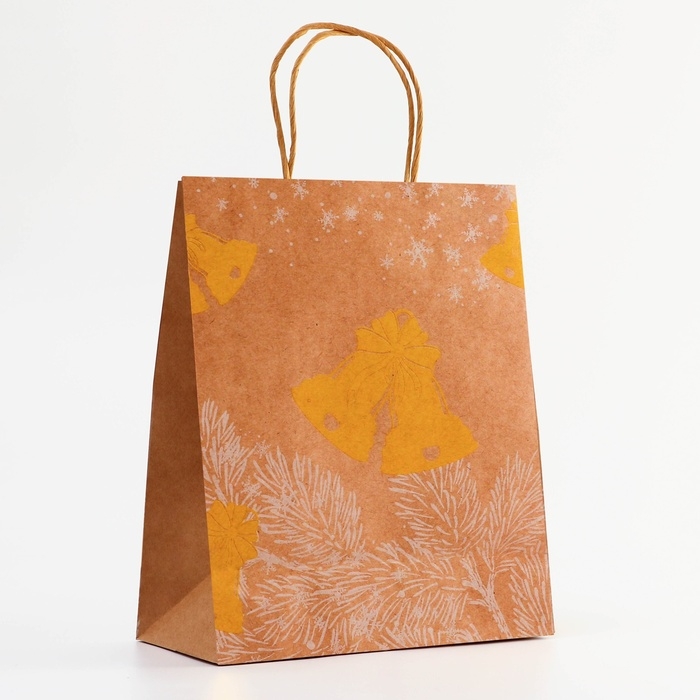 Пакет крафт с золотым тиснением, круглая ручка, Пакет крафт с золотым тиснением, круглая ручка, "Колокольчик" 33 х 25 х 12 см, 120 г