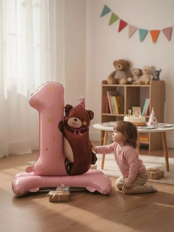 Воздушный шар фольгированный 32" "Цифра 1 с мишкой"  цвет розовый, под воздух