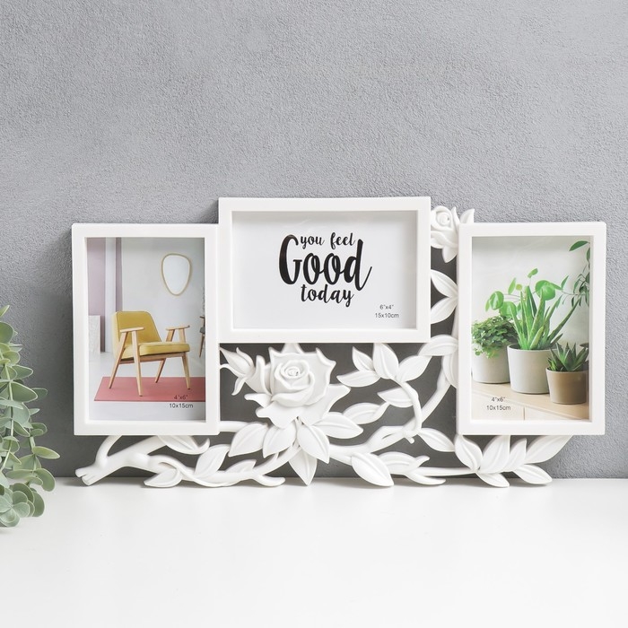 Фоторамка пластик на 3 фото 10х15 см  Фоторамка пластик на 3 фото 10х15 см "Роза в листьях" белая 40х21,5 см