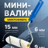 Мини-валик ТУНДРА, микрофибра, 100 мм, рукоятка d=6 мм, d=15 мм, ворс 9 мм