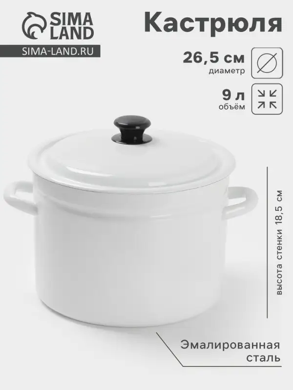 Кастрюля эмалированная, 9 л, d=26.5 см, с крышкой, без декора, белая