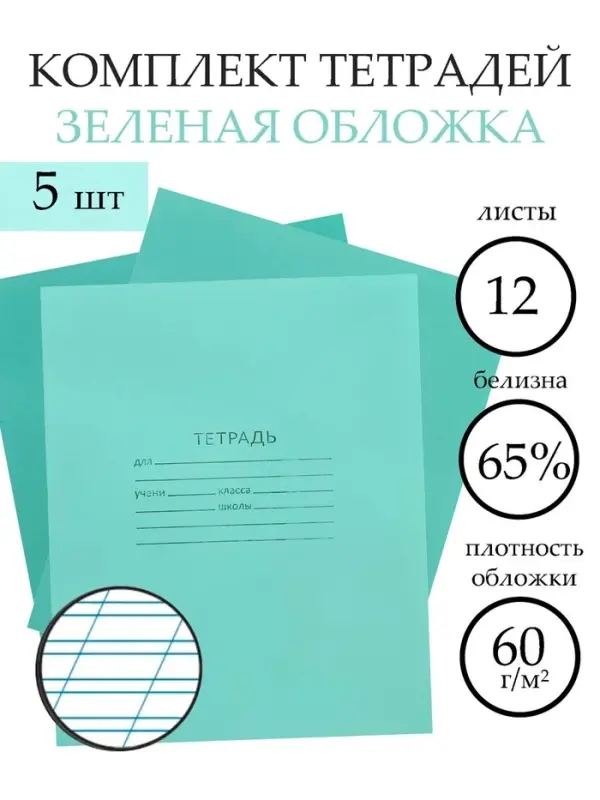 Набор тетрадей &laquo;Зелёная обложка&raquo; 5 штук, 12 листов в косую линейку, эконом, плотность 60 г/м&sup2;