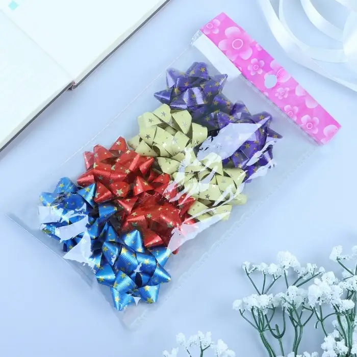 Бант - звезда №7.5, фасовка 8 шт., металик с рисунком, МИКС