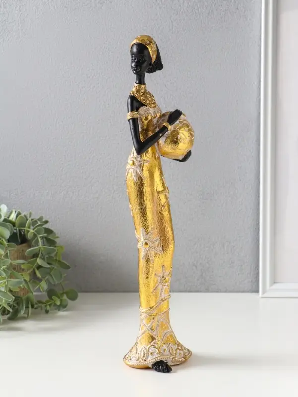 Сувенир полистоун "Африканка с кувшином, с повязкой в волосах" бело-золотой 9х8х37,5 см