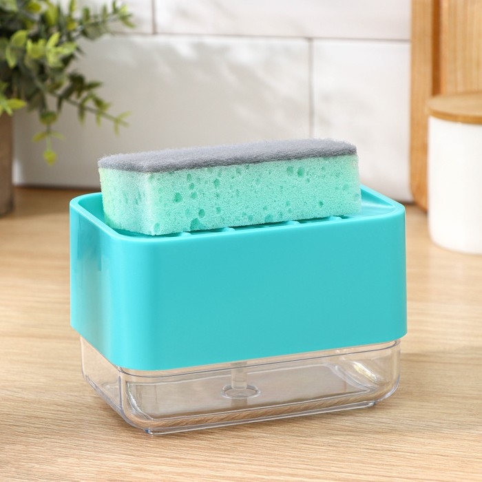 Дозатор для моющего средства с подставкой для губки Raccoon, губка в комплекте, цвет бирюзовый Дозатор для моющего средства с подставкой для губки Raccoon, губка в комплекте, цвет бирюзовый