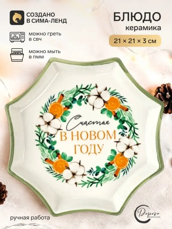 Блюдо новогоднее &laquo;Счастья в новом году&raquo;, 21&times;21&times;3 см, ручная работа