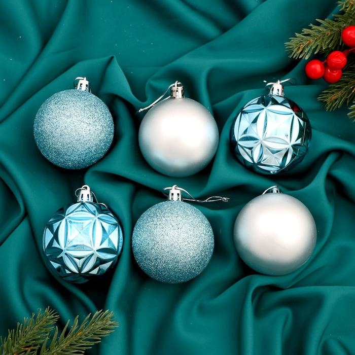 Ёлочные игрушки, шары новогодние , пластик, набор d-6 см, 6 шт Ёлочные игрушки, шары новогодние , пластик, набор d-6 см, 6 шт "Гвинет" серебристо-голубой