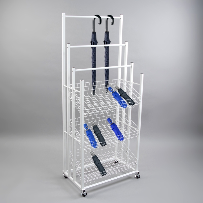 Стойка под зонты, разборная, 3 наклонные корзины, 3 яруса, 60×40×150 см, цвет белый Стойка под зонты, разборная, 3 наклонные корзины, 3 яруса, 60×40×150 см, цвет белый