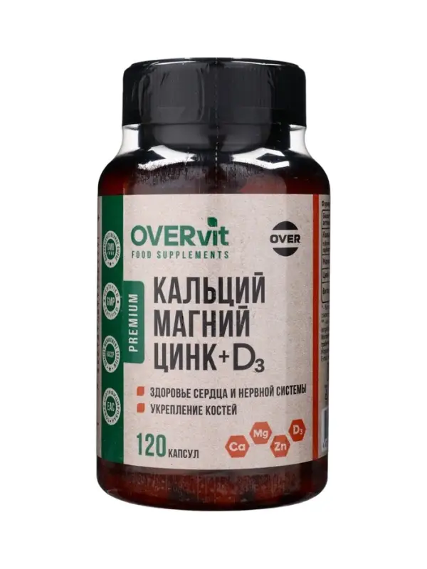 Магний+Кальций+Цинк+Витамин Д3 OVERVit, 120 капсул Магний+Кальций+Цинк+Витамин Д3 OVERVit, 120 капсул