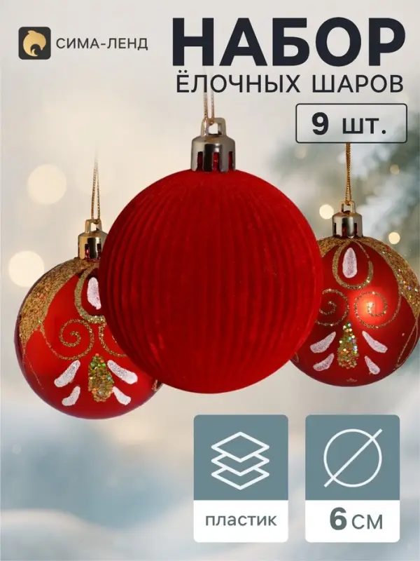 Ёлочные шары набор 9 шт. &laquo;Бархат. Торжество&raquo; узоры сияние, d=6 см, красные