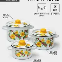 Набор кастрюль эмалированных &laquo;Земляника&raquo;, 3 предмета: 1.5 л, 2.9 л, 4.5 л, белый