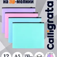 Набор папок-конверт на ZIP-молнии А5 Calligrata &laquo;Пастель&raquo;, 150 мкм, 12 штук, полупрозрачные, МИКС