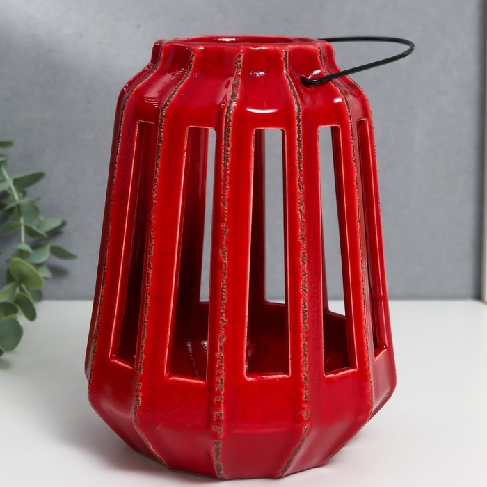 Подсвечник керамика на 1 свечу Подсвечник керамика на 1 свечу "Фонарь с вырезами" тёмно-красный 19х14х14 см