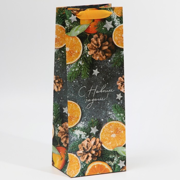 Пакет под бутылку крафтовый «Новогоднее настроение», 13 х 36 х 10 см