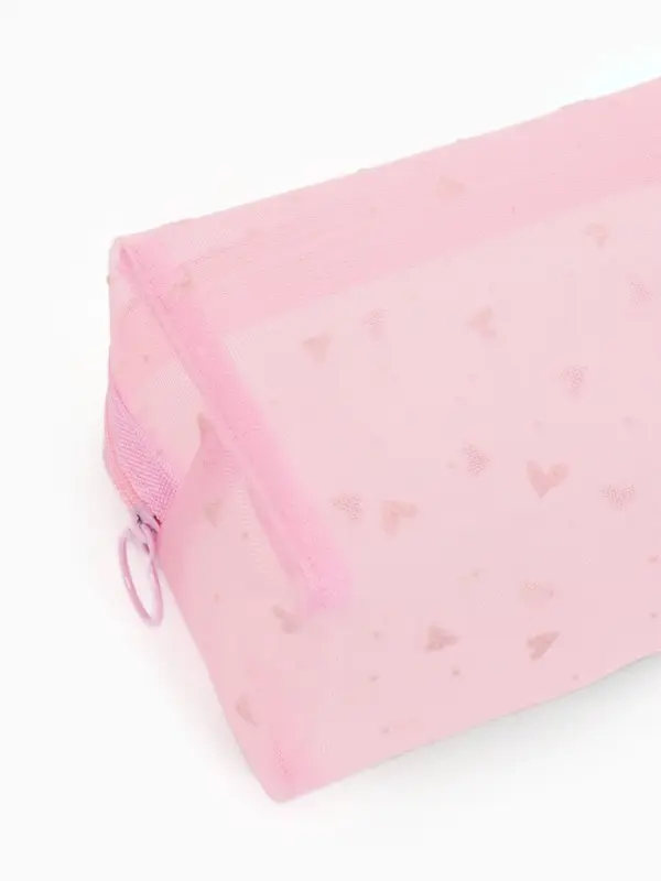 Косметичка женская HEARTS, с рисунком, сетка, на молнии, розовая