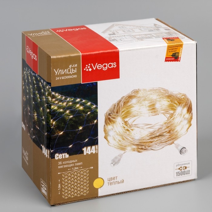 Гирлянда «Сеть» 1.2 × 1.5 м, IP44, УМС, прозрачная нить, 36 LED, свечение тёплое белое, мерцание белым 24 В