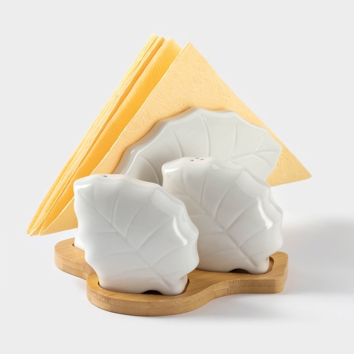 Набор фарфоровый для специй на бамбуковой подставке BellaTenero «Листья», 4 предмета: солонка 120 мл, перечница 120 мл, салфетница, подставка, цвет белый Набор фарфоровый для специй на бамбуковой подставке BellaTenero «Листья», 4 предмета: солонка 120 мл, перечница 120 мл, салфетница, подставка, цвет белый