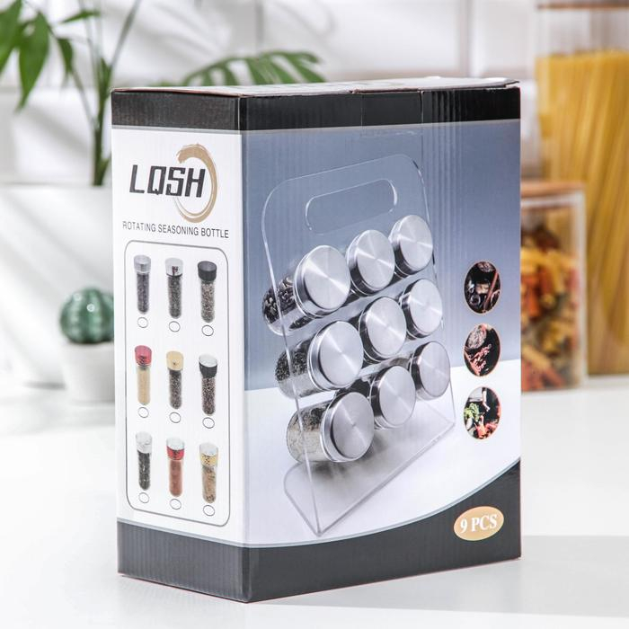 Набор для специй из стекла на подставке &laquo;Хай-тек&raquo;, 19&times;16 см, 90 мл, 4&times;9,5 см, 9 шт