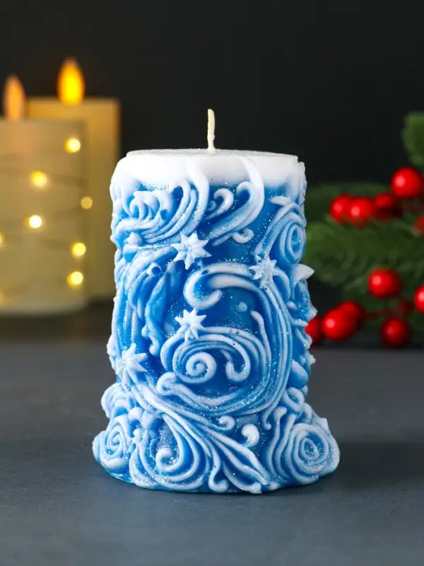 Свеча новогодняя столбик  Свеча новогодняя столбик "Резная" синий
