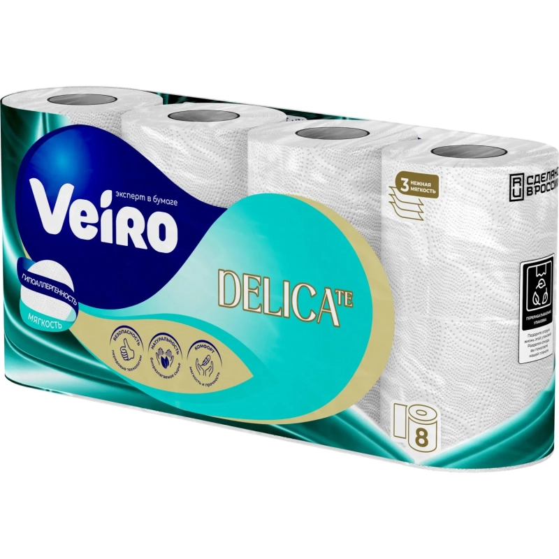 Бумага туалетная Veiro Delicate Ц 3сл 120л 15м 8рул/уп МСК