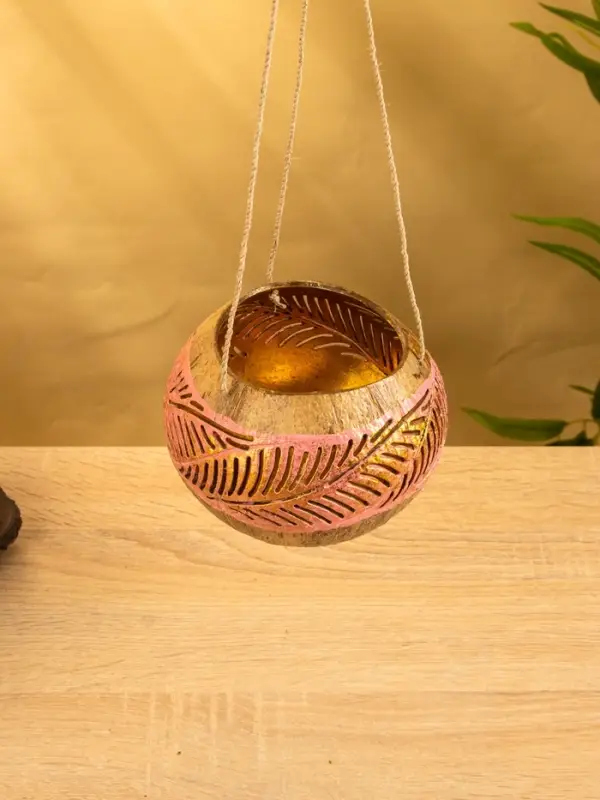 Подсвечник подвесной из кокоса, 11-13 см, розово-золотой