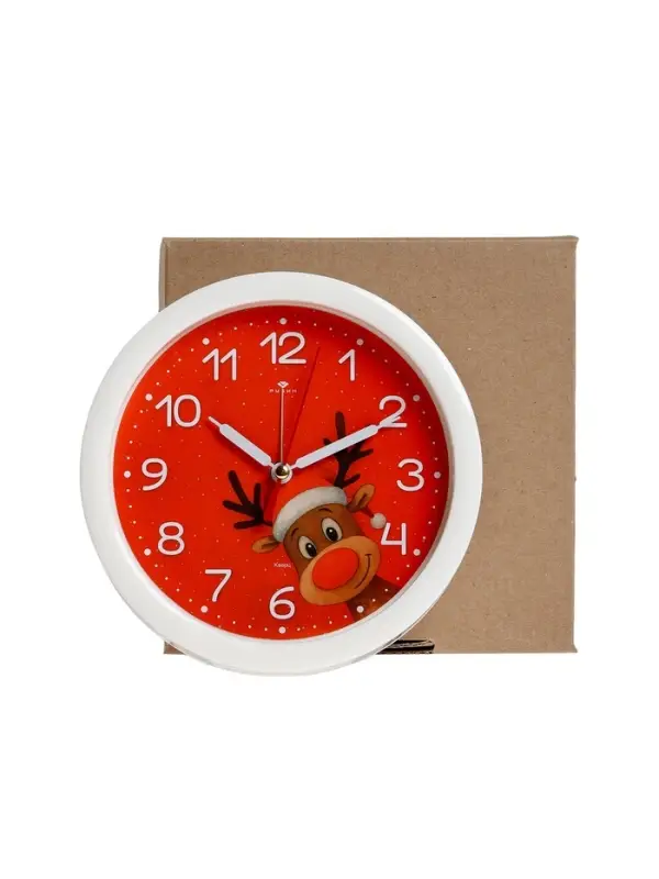 Будильник Будильник "Новогодний олень", плавный ход, d=15см, красный, корпус белый
