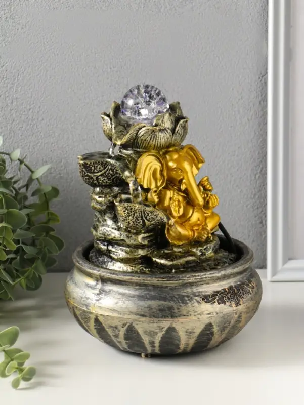 Фонтан настольный от сети, подсветка "Ганеша у цветущим лотосом" 16х16х23 см