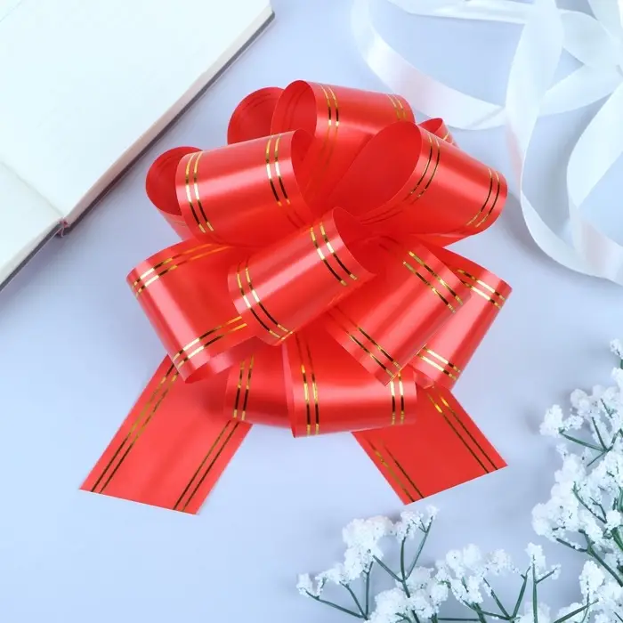 Подарочный бант - шар № 5 золотая полоса, красный, для упаковки подарков