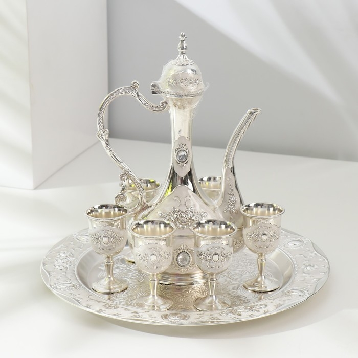 Набор винный кувшин, 6 бокалов и поднос  Набор винный кувшин, 6 бокалов и поднос "Стамбул. Медальон и розы" белый перламутр серебро