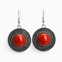 Серьги &laquo;Круг&raquo;, винтаж, красные в чернённом серебре