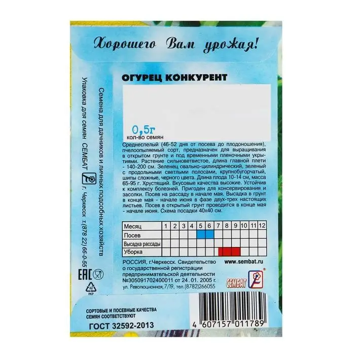 Семена Огурец  Семена Огурец "Конкурент", 0,5 г