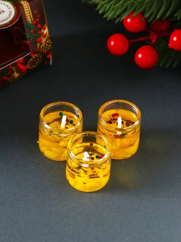 Свечи гелевые &laquo;Счастливого Нового года&raquo;, 3 шт., золотые, 2.5&times;2.5&times;2.5 см
