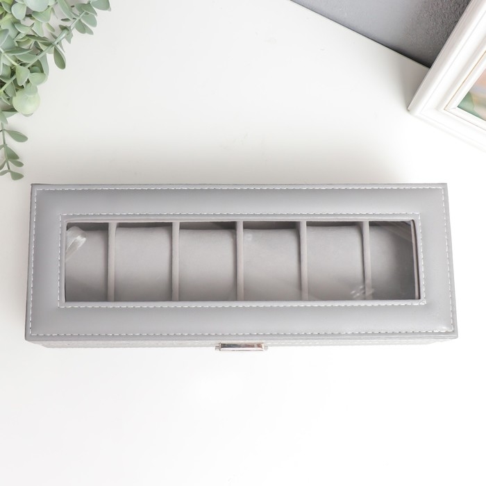 Шкатулка кожзам под часы 6 отделений  Шкатулка кожзам под часы 6 отделений "Серая с белой строчкой" 8х30х11 см