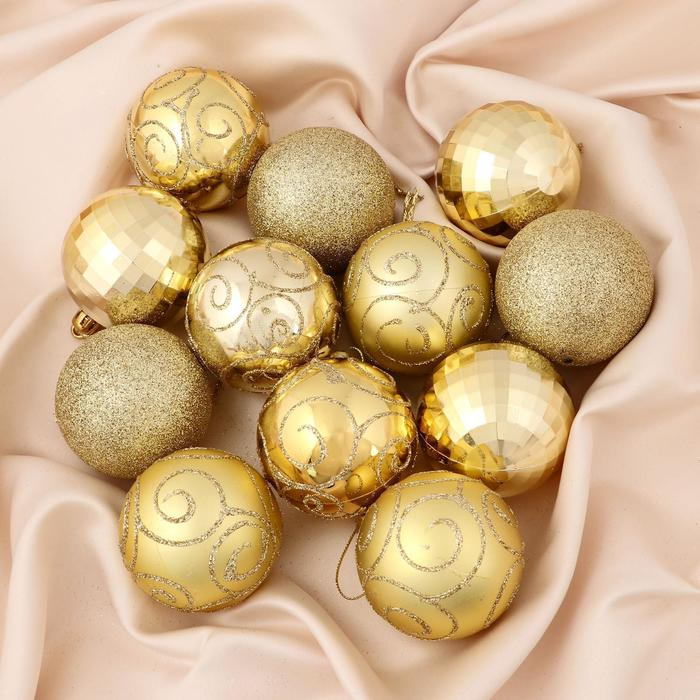 Набор шаров пластик d-6 см, 12 шт Набор шаров пластик d-6 см, 12 шт "Глория" золото