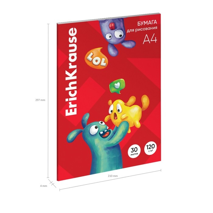 Бумага для рисования А4, 30 листов, ErichKrause Jolly Friends, блок 120 г/м², 100% белизна, картонная папка Бумага для рисования А4, 30 листов, ErichKrause Jolly Friends, блок 120 г/м², 100% белизна, картонная папка