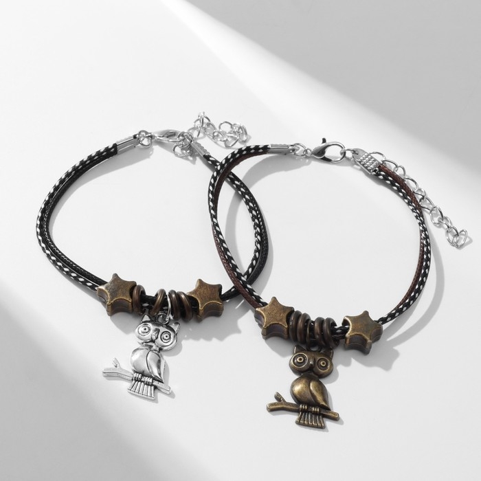 Браслеты «Неразлучники» совы на веточке, цвет чёрно-коричневый, L=19 см