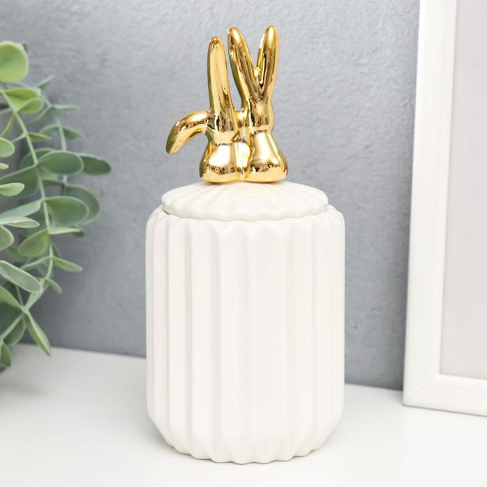 Шкатулка керамика Шкатулка керамика "Золотые зайчики" белая, гофре 15,5х7х7 см