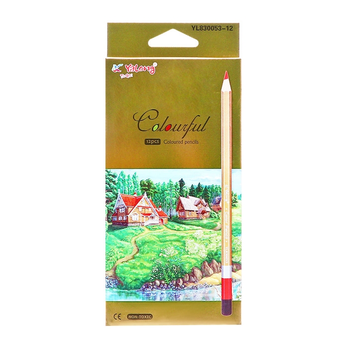 Карандаши 12 цветов, в картонной коробке, шестигранные, корпус золото, деревянные, Пейзаж Карандаши 12 цветов, в картонной коробке, шестигранные, корпус золото, деревянные, Пейзаж