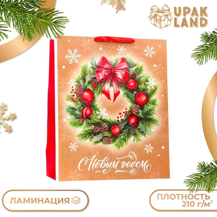 Новый год. Пакет ламинированный вертикальный Новый год. Пакет ламинированный вертикальный "Венок", XL 40 × 49 × 19 см.