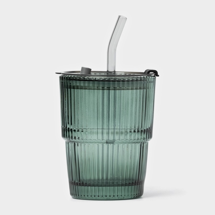 Стакан стеклянный с крышкой и трубочкой «Вино Верде», 350 мл, цвет зелёный Стакан стеклянный с крышкой и трубочкой «Вино Верде», 350 мл, цвет зелёный