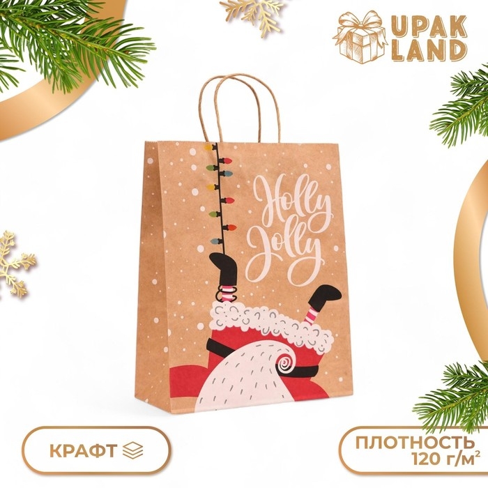 Новый год. Пакет бумажный подарочный новогодний крафт Новый год. Пакет бумажный подарочный новогодний крафт "Гирлянда", 33 × 26 × 12 см.