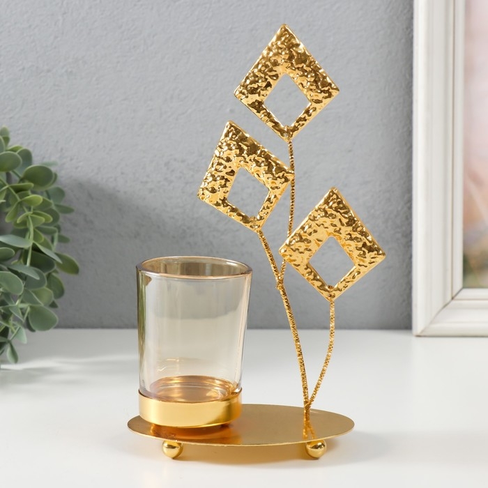 Подсвечник металл, стекло на 1 свечу  Подсвечник металл, стекло на 1 свечу "Листья-ромбики" d=4,7 см, золото 13х8х20,5 см