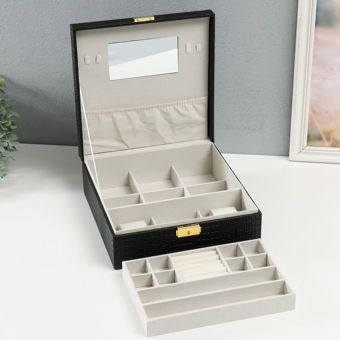 Шкатулка кожзам под часы 2 отделения и бижутерию  Шкатулка кожзам под часы 2 отделения и бижутерию "Кожа крокодила" чёрная 26х26,5х10 см